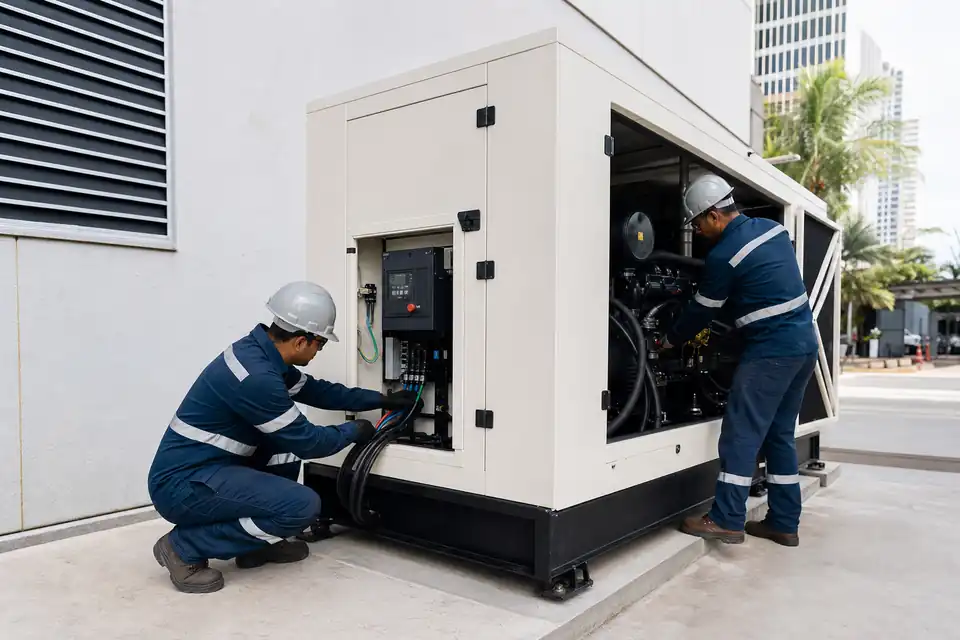 Aluguel de gerador no DF com equipe instalando equipamento em operação